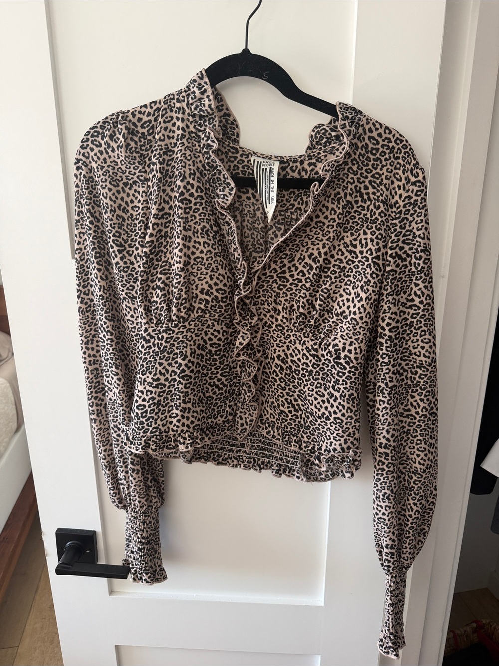 Free People Leopard Ruffle Front Blouse - Beige/Black